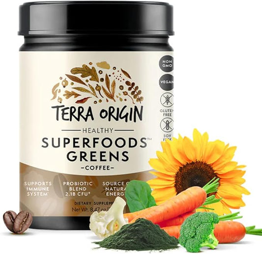 TERRA ORIGIN Superfoods Greens Blend Immune and Digestive Support | Organic Vegetable Supplement with Tumeric, Milk Thistle, Green Tea, Chlorella | Non-GMO, Gluten-Free, Vegan | Coffee | 30 Servings