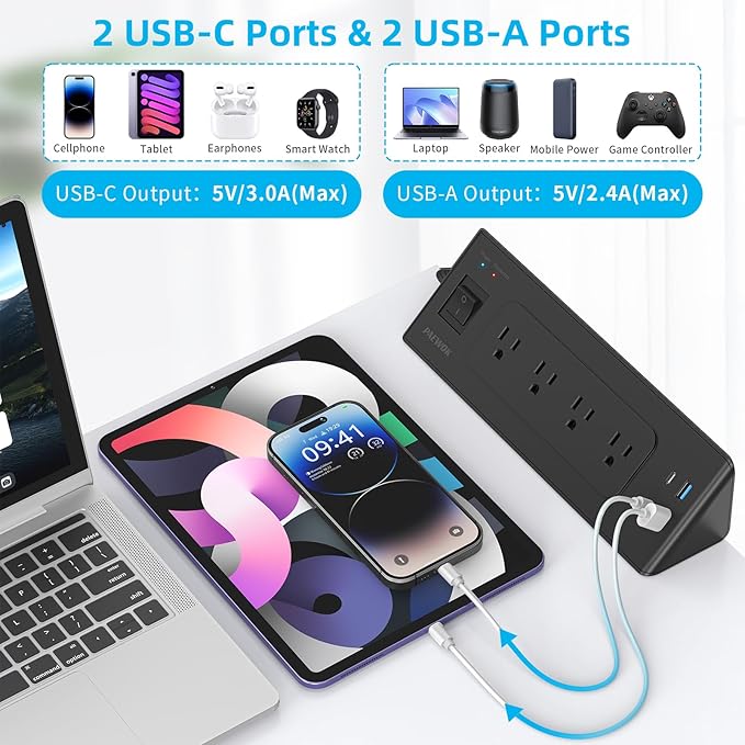 Desk Clamp Power Strip with USB C, Desk Charging Station with 4 Outlets 4 USB Ports, Desktop Mounted Power Strip Surge Protector, 6.5ft Flat Plug Extension Cord, Fit 1.9 inch Tabletop Edge, Black