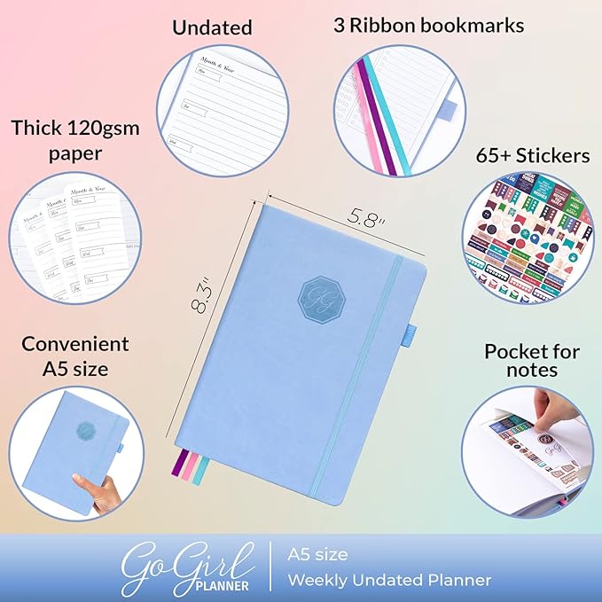 GoGirl Planner and Organizer for Women – A5 Size Weekly Planner, Goals Journal & Agenda to Improve Time Management, Productivity & Live Happier. Undated – Start Anytime, Lasts 1 Year – Light Blue