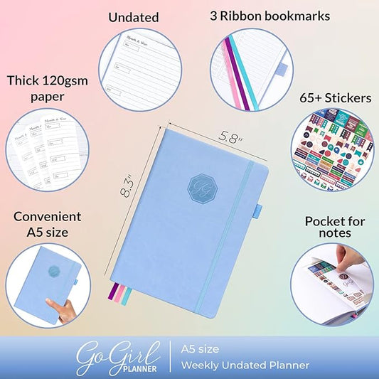 GoGirl Planner and Organizer for Women – A5 Size Weekly Planner, Goals Journal & Agenda to Improve Time Management, Productivity & Live Happier. Undated – Start Anytime, Lasts 1 Year – Light Blue