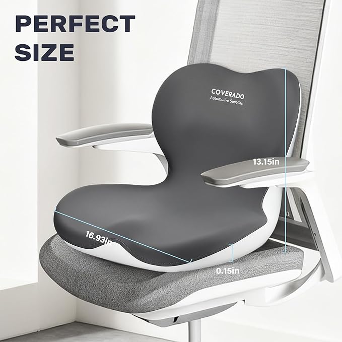 Coverado Seat Cushion and Lumbar Support Pillow One Piece for Car Office Chair, Ergonomic Memory Foam Desk Chair Cushion Back Support Pillow, Sciatica & Back & Tailbone Pain Relief Cushion-Gray