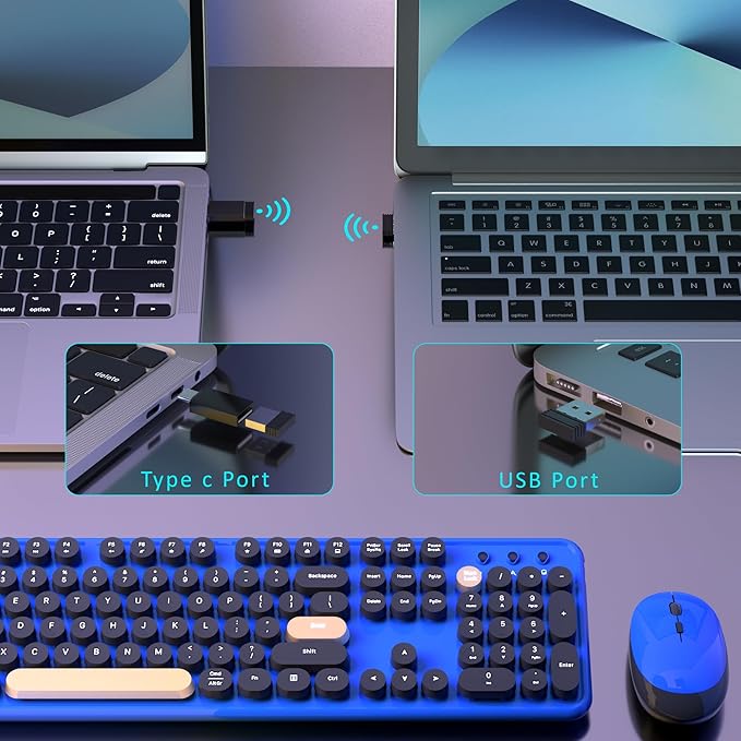 Wireless Computer Keyboards Mouse Combos, COVEVA Colorful Typewriter Retro Keyboard with Round Keycaps, USB Keyboard and Mouse Set 2.4GHz Full-Size Wireless Keyboard and Optical Mouse（Black-Blue）