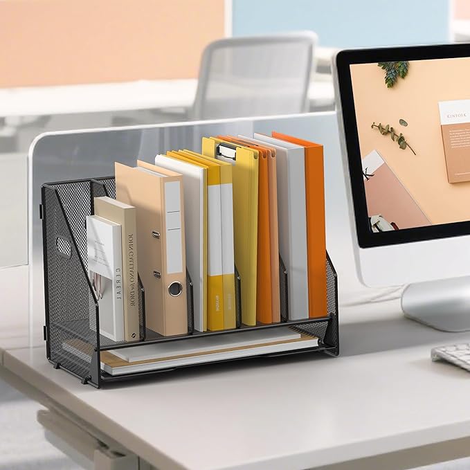 Desk File Folder Holder Organizer-5 Vertical Compartments Racks and Paper Letter Tray,Mesh Magazine File Holder Sorter,Desktop Accessories & Workspace Organizers for Home,Office,School-Black