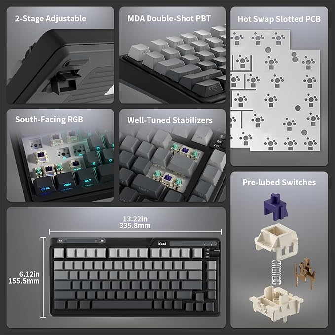 K75 Lite Wireless Mechanical Keyboard, 75% Gasket Mount RGB Gaming Keyboard w/ 3-Mode Knob BT 5.0/2.4G/USB-C Wired, Hot Swappable, 5-Layer Padding & Creamy Linear Switches, Compact 82 Keys