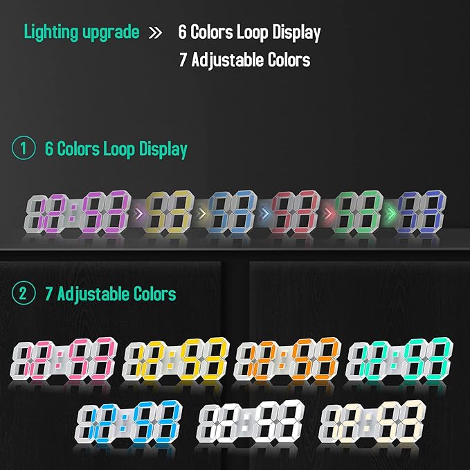 EDUP HOME 3D LED Wall Clock 7 Colors 15" with Remote Control,Digital Alarm Clock Adjustable Brightness Timer 12/24 Hr Time/Date/Temperature for Bedroom/Living Room/Office