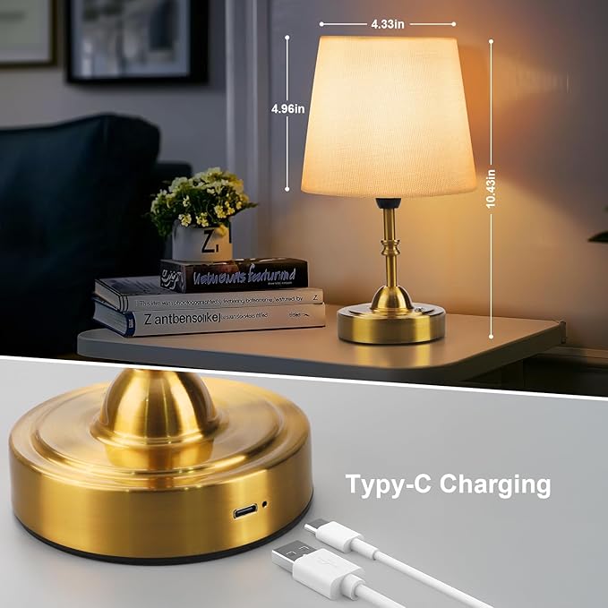 Small Cordless Table Lamp for Bedroom, Rechargeable Battery Operated Bedside Lamps, Wireless Touch 3-Level Dimmable Nightstand Lamp, Portable Desk Brass Lamp for Home Decor, Patio, Restaurant, Dinning