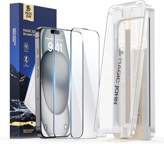 MAGIC JOHN 3rd Gen Upgraded for iPhone 15/iPhone 16 Screen Protector 6.1 Inch, HD Clear, Shatterproof Tempered Film, Auto Dust-Elimination, Bubble Free, Easy Installation, 2 Pack