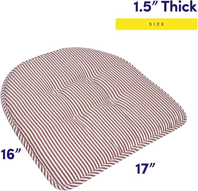 Sweet Home Collection Chair Cushion Memory Foam Pads Tufted Slip Non Skid Rubber Back U-Shaped 17" x 16" Seat Cover, 2 Count (Pack of 1), Pinstripe Burgundy