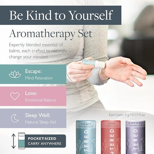 Scentered Aromatherapy Balm Gift Set - Be Kind to Yourself - Pack of 3 Balms: Sleep Well, Escape, Love - Lavender, Cedarwood, Ylang Ylang Essential Oils - Relaxing Gifts for Women