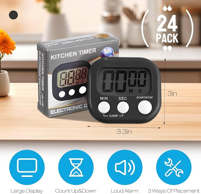 Leumoi 24 Pcs Digital Kitchen Timers Bulk Small Magnetic Timer On/Off Switch Minute Second Count up Countdown Loud Alarm for Classroom Cooking Baking(Black)