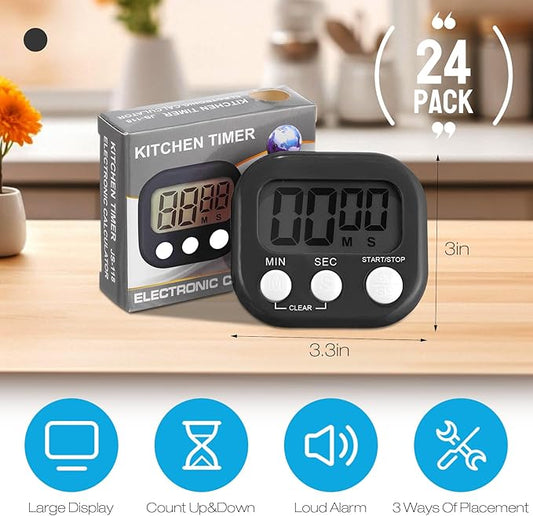 Leumoi 24 Pcs Digital Kitchen Timers Bulk Small Magnetic Timer On/Off Switch Minute Second Count up Countdown Loud Alarm for Classroom Cooking Baking(Black)