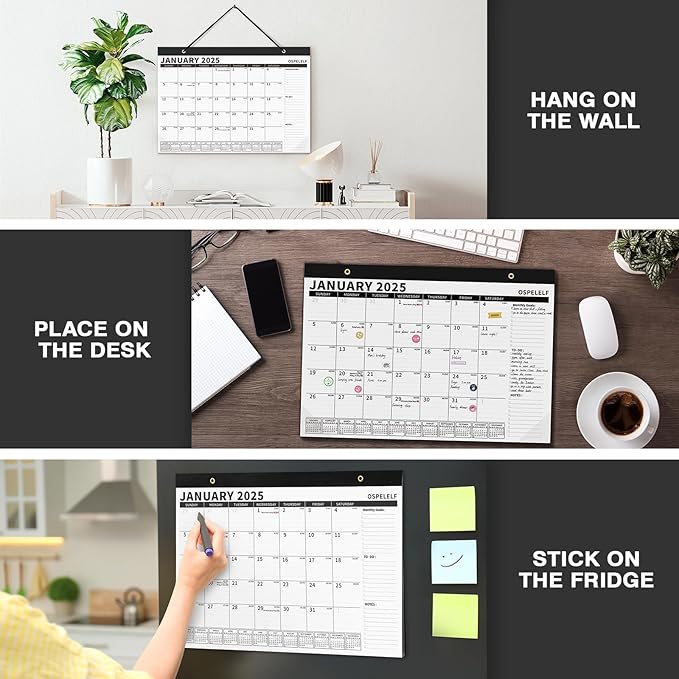 Ospelelf Magnetic Calendar 2025-2026 for Refrigerator, Desk Wall Calendar, January 2025 to June 2026, Monthly Large Planner Pad with Plastic Cover 17" X 12" Black