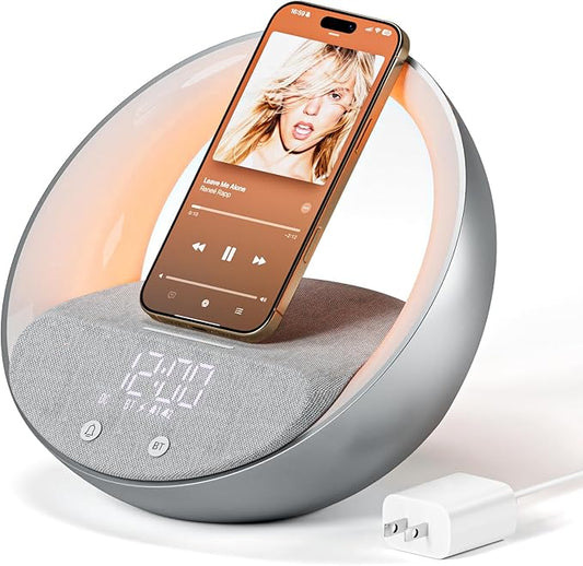 Bluetooth Alarm Clock, Sunrise Simulation Wake Up Night Light, 15W Fast Wireless Charging Alarm Clock for Bedroom, 10W Bluetooth Stereo Sound Speaker, USB Charger Port