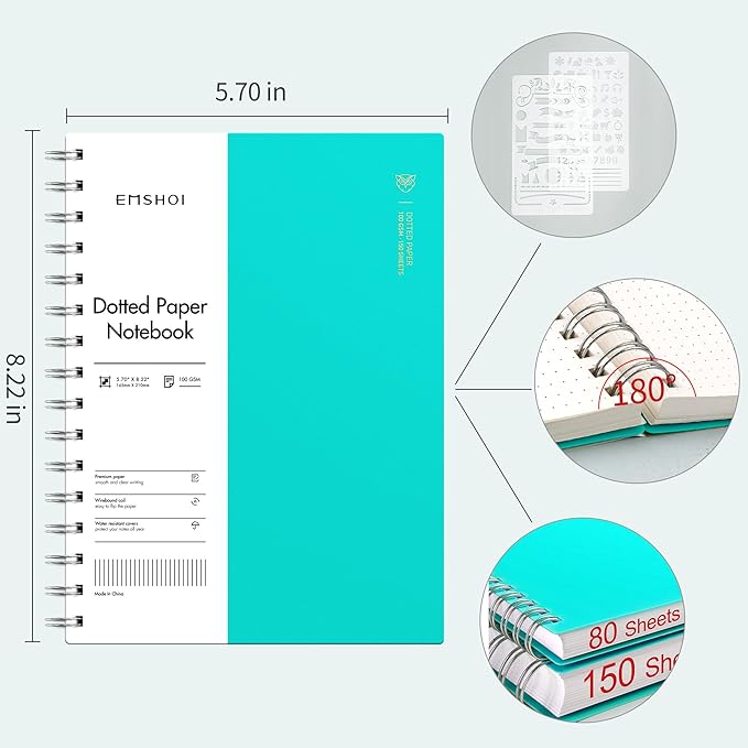 EMSHOI A5 Spiral Notebook Bullet Dotted journal, Small 5.7" X 8.22", 300 Pages/150 Sheets, 100gsm Dot Grid Paper, Waterproof Hardcover, for Office School Women Men Work Writing Notes-LightBlue
