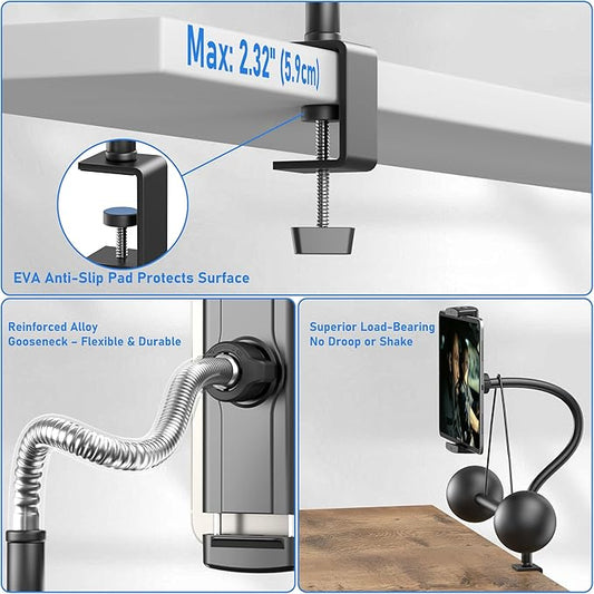 Tablet Stand for Desk, Gooseneck iPad Holder Clamp Mount, 360° Adjustable Arm Mount for iPad Pro/Air/Mini, Kindle Fire, Galaxy Tabs, 4.7"-13.5" Tablets, for Kitchen, Work, Video Call, Bed