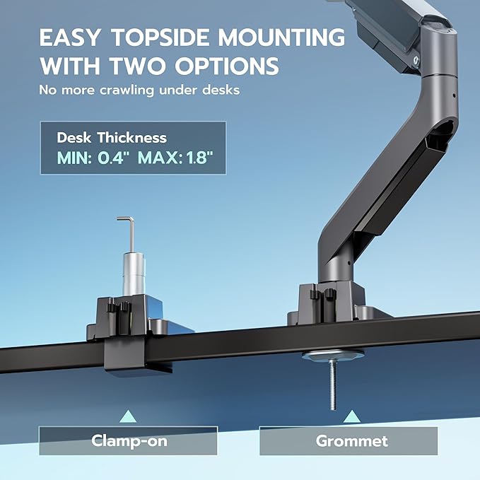 ARES WING Single Monitor Arm, Heavy Duty Adjustable Monitor Arm for 13"-49" Screens with USB, Gas Spring Desk Mount Stand with C Clamp/Grommet Mounting Base up to 40lbs Computer, Gray