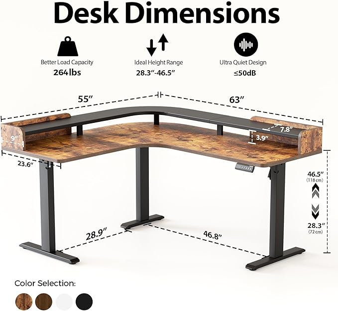 Agilestic L Shaped Standing Desk, Corner Desk with Monitor Shelf, Adjustable Height Gaming Table, Sit Stand Up Table, 63 x 55 Inch Home Office Computer Workstation, Splice Board, Rustic Brown