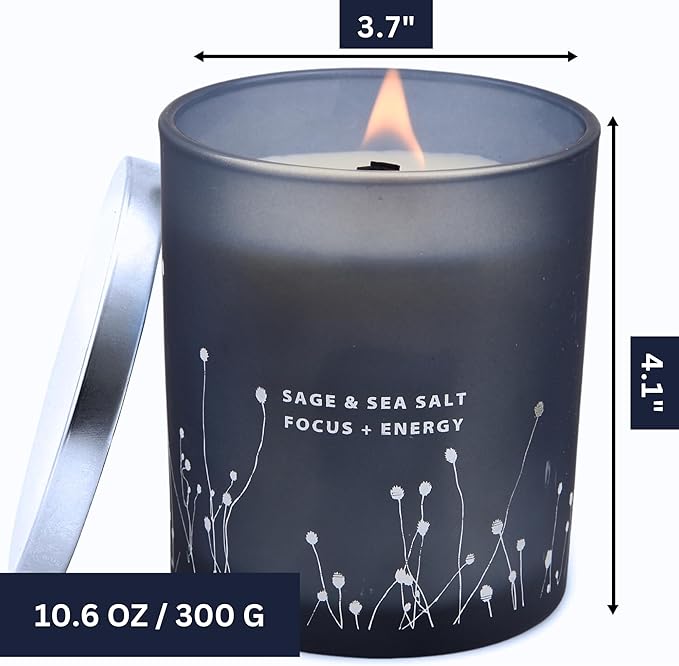 White Sage Sea Salt Scented Candle - Large Wood Wick Soy Candle 10.6 oz - Sage Candles for Cleansing House - Aromatherapy Energy Cleansing Candle