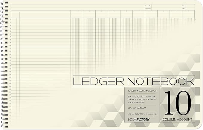BookFactory Accounting Ledger Notebook/Large 10 Column Accounting Ledger Columnar (Ten Columns) Log Book - 17'' x 11'', 100 Pages, Wire-O Landscape Format (LED-100-CLCW-PP(17x11-Ledger-10)-AX)