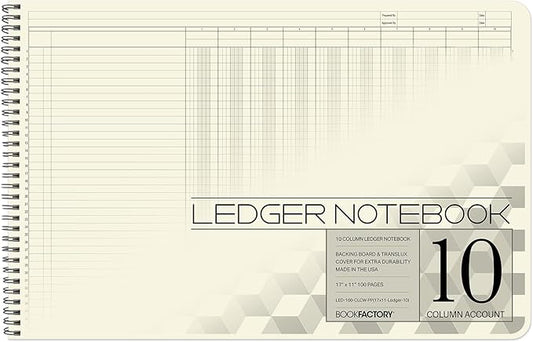 BookFactory Accounting Ledger Notebook/Large 10 Column Accounting Ledger Columnar (Ten Columns) Log Book - 17'' x 11'', 100 Pages, Wire-O Landscape Format (LED-100-CLCW-PP(17x11-Ledger-10)-AX)