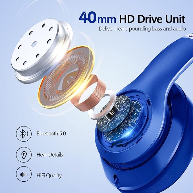 9S Wireless Over-Ear Bluetooth Headphones, 60 Hours Playtime, Hi-Fi Stereo, 6 EQ Modes, Built-in Microphone, Foldable Design, Blue