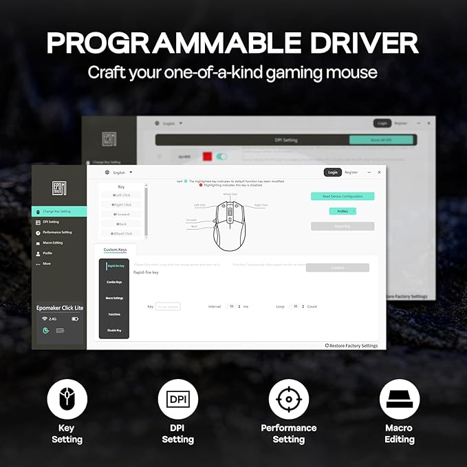 EPOMAKER Click Lite Wireless Gaming Mouse, 800 to 12,000 DPI Adjustable, PAW3311 Sensor, 500mAh, 59g, 2.4G/BT/USB-C Rechargeable Wireless Mouse with 5 Programmable Buttons for PC/Mac/Linux (Black)