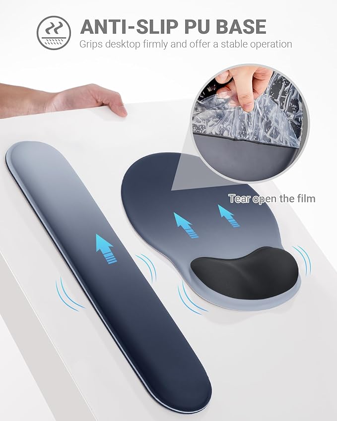 Ergonomic Mouse Pad Wrist Support Set, Memory Foam Keyboard Wrist Rest Set, Keyboard Pad, Non-Slip Base Mousepad（Gradient Blue Black Set）