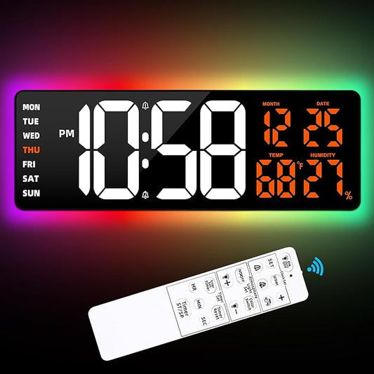 Large Digital Wall Mount Clock 17.3" Led Large Display with Jumbo Number, 8 Color Modes Atmosphere Lights, Auto-Dimming/DST, Count Down/Up Timer for Classroom Living Room Gym Gift for Senior Mom Dad