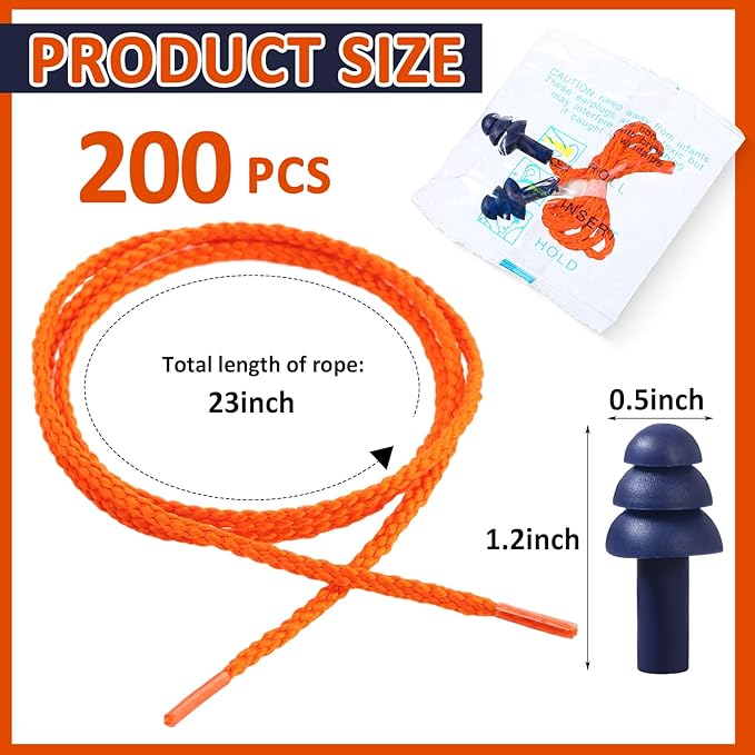 Xuhal 200 Pairs Corded Ear Plugs Silicone Earplugs with Cord Individually Wrapped Reusable Earplugs Sleep Noise Cancelling Hearing Protection for Snoring Shooting Studying Construction (Navy Blue)
