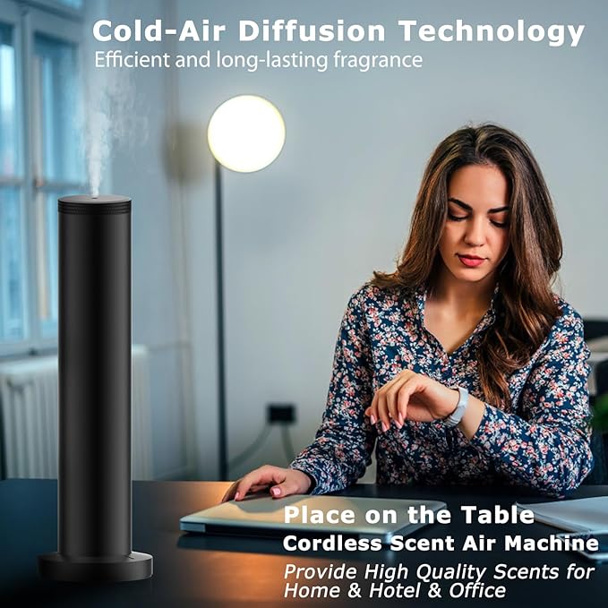 Hotel Scent Diffuser Machine -Cordless Rechargeable Diffuser for Whole House- Scent Air Machine for Home -App Bluetooth Control - Waterless Essential Oil Diffuser for Large Room, Studio Office -Black