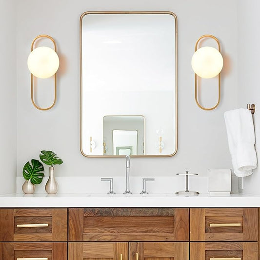 Gold Wall Lamp Sconces Set of 2 with White Globe Glass Shade - Living Room & Bedroom Wall Lights