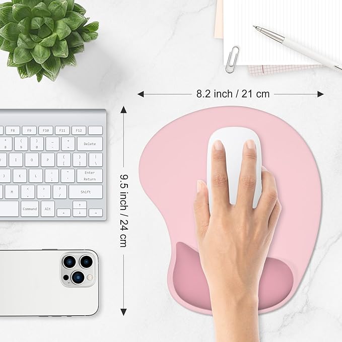 ITNRSIIET Ergonomic Mouse Pad, Cushioned Gel Wrist Rest, Non-Slip Base, Smooth Surface, Cute Multi-Color, 9.5 x 8.2 in, Pink Accent