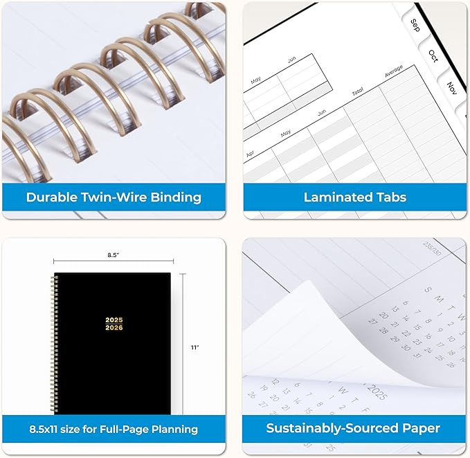 Blue Sky 2025-2026 Academic Year Weekly and Monthly Planner Calendar, August 2025 - December 2026, 17-Month, 8.5" x 11", Flexible Cover, Wirebound, Laminated Tabs, Black