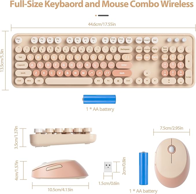 Fogruaden Retro Typewriter Keyboard and Mouse Wireless, 2.4GHz Office Full-Sized Colorful Computer Keyboard with Number Pad and Cute Mouse for Windows PC Desktops Laptop