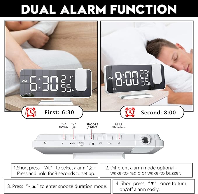 Projection Alarm Clock for Bedroom Ceiling Digital Clock Radio with USB Charger Ports, 7.3" Large LED Screen, 4 Dimmer, Dual Alarm Clock with 2 Sounds, Snooze, White
