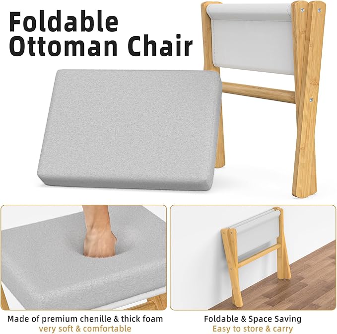 Foldable Foot Stool Ottoman, Modern Foot Rest with Bamboo X Legs & Thick Foam Cushion, Folding Foot Stools Small Padded for Bedroom Living Room, Makeup Vanity Stool Chair (Natural - Grey)