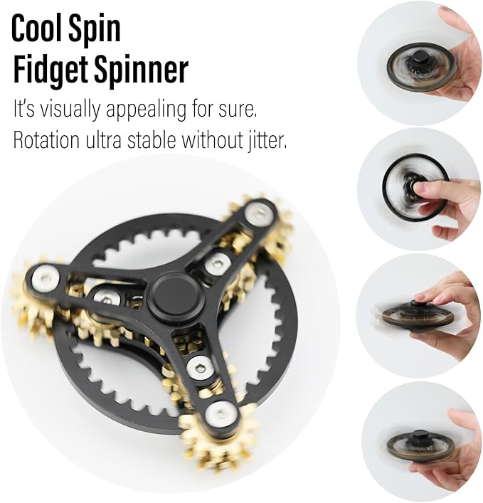 FREELOVE Gear Metal Fidget Spinner Toys for Adults, Small Mini Tiny Pockget Figette, Bike Chain, Copper Brass Hands Gyro, Quiet Silent Cool Cube for Anxiety Men (Wheel 10 Gears Linkage, Black-Brass)