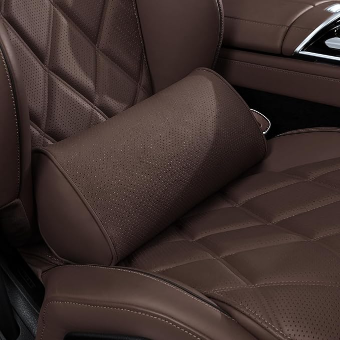 Lumbar Support Pillow for Car Seat and Office Chair, Gaming Chair, Ergonomic Memory Foam Back Cushion Lower Back Pain Relief, Luxury Leather Back Support Pillow, Brown, 1 Pack