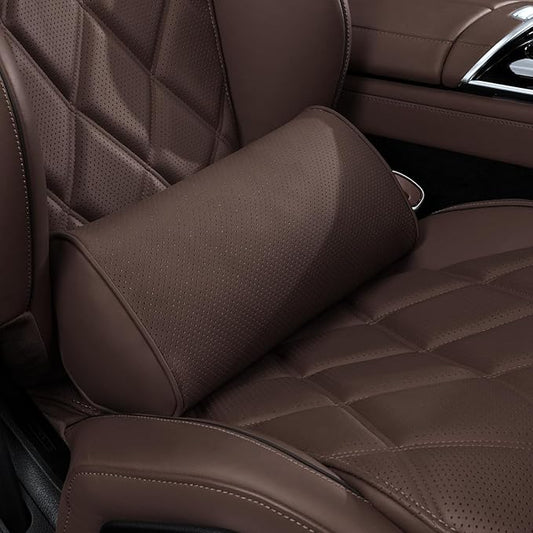 Lumbar Support Pillow for Car Seat and Office Chair, Gaming Chair, Ergonomic Memory Foam Back Cushion Lower Back Pain Relief, Luxury Leather Back Support Pillow, Brown, 1 Pack