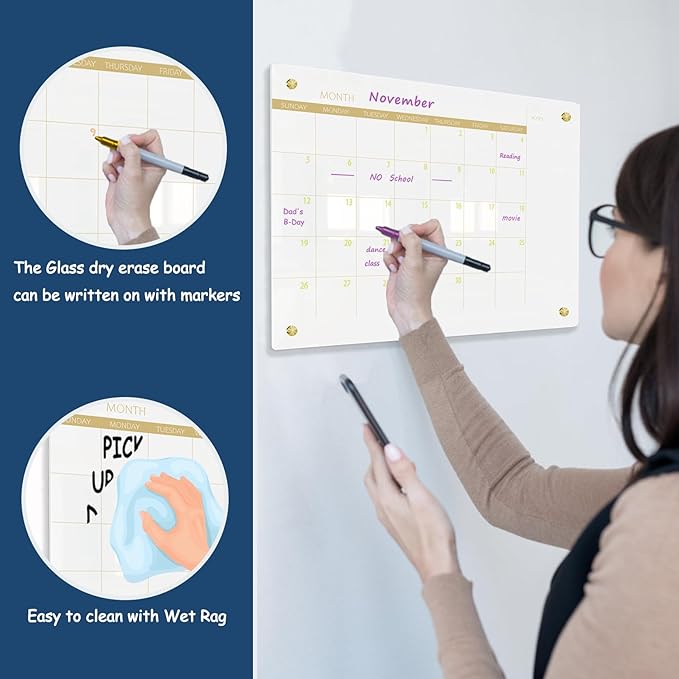 Glass Dry Erase Calendar Whiteboard for Walll, Small Monthly Calendar Glass White Board, 11.8"x15.7", Planner Board for Home, Office, School（ Monthly-WH-3040）