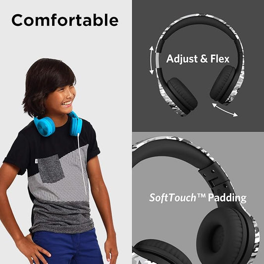 LilGadgets Connect+ Pro Wired Kids Headphones for School w/Microphone, Volume Limiting Noise Reducing Over-Ear Headset w/Cord, SharePort Technology & SoftTouch Padding, Snow Camo Headphones for Kids