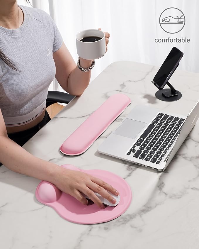 Ergonomic Mouse Pad Wrist Support Set, Memory Foam Keyboard Wrist Rest Set, Relieve Wrist Pain Keyboard Pad, Non-Slip Base Mousepad(Pink Set)