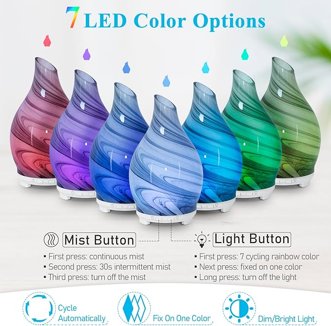 Essential Oil Diffuser 120ML Glass Ultrasonic Aromatherapy Oil Diffuser-Aroma Humidifier Glass Diffuser,7 Color Changing Light Waterless Auto-Off-Ultra-Quiet for Sleeping Yoga Home Office and Spa