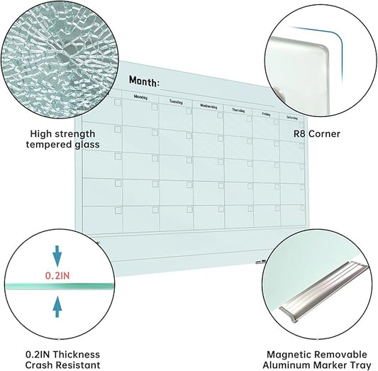 Magnetic Monthly Calendar Glass Whiteboard - Glass Dry Erase Board 48"x36" Large Frameless Glass Board for Walls Office School and Home