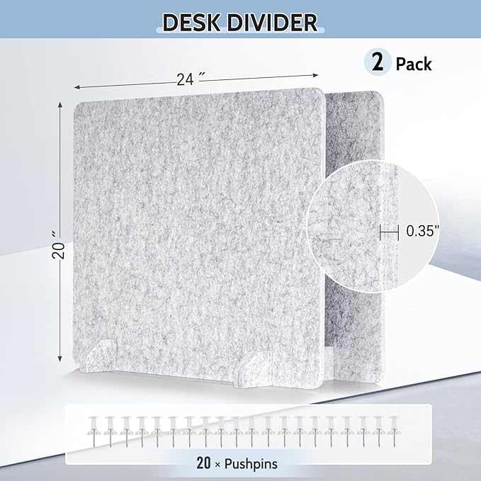 2 Pack Acoustic Desk Dividers - 24" x 20" Freestanding Privacy Panels Set with Noise - Reducing Design Cubicle Sound Proof, Ideal for Office, Classroom, and Home (Silver Gray)