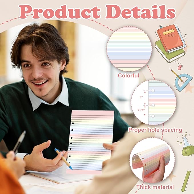 Colored Loose Leaf Paper 5.5" x 8.5" 7-Hole Lined Filler Paper College Ruled Notebook Refill Pad Pastel Colored Lined Refills Hole Punched Notebook Refills for 3 or 7 Ring Binders (100)