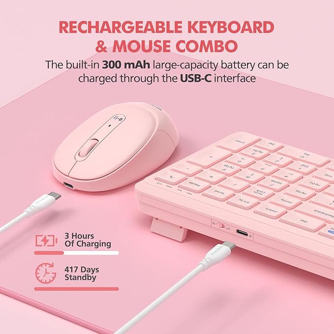 Pink Wireless Keyboard and Mouse Combo for Desktop Mac iPad Bluetooth 2.4 Ghz Rechargeable Slim Silent Click with Number Pad Compatible with Pc, Laptop, Tablet (Pink)