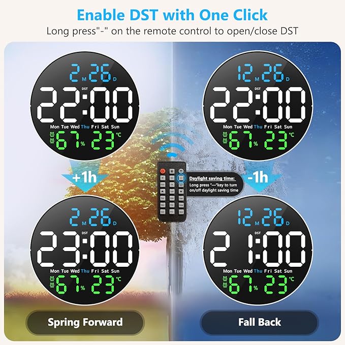 Digital Wall Clock, 10 inch Large LED Display Digital Clock with RGB Light, Remote Control, Auto-Brightness Dimmer with Night Lights, 2 Alarm, Silent Wall Clock Show Date Week DST Temp