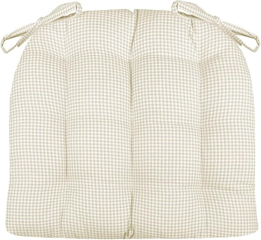 Barnett Home Decor Madrid Natural Dining Chair Pad with Ties - 19 x 19 Size Large Chair Cushion - Latex Foam Fill - Machine Washable, Reversible, 100% Cotton, Made in USA (Neutral Gingham)