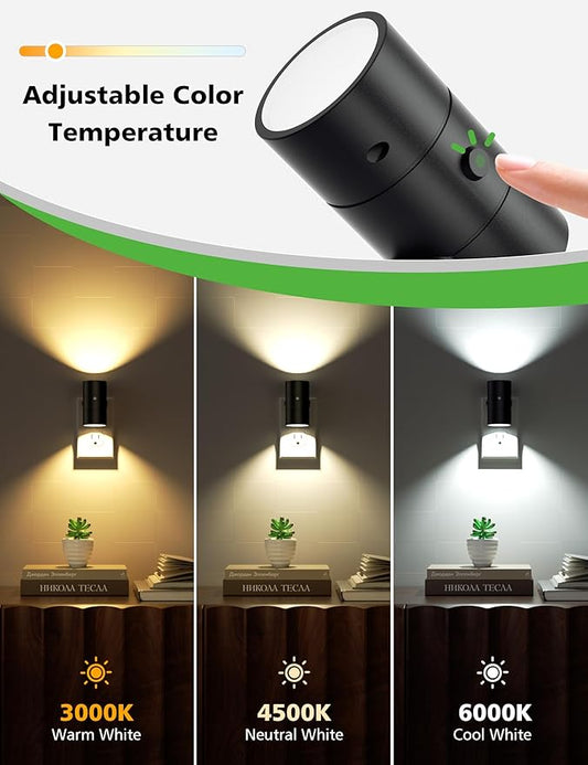 Night Lights Plug Into Wall,3 Color Temperatures LED Night Light Plug in,Dusk to Dawn Sensor,0-100LM Adjustable Brightness,Dimmable Night Lights for Hallway Bathroom Stair Bedroom,Black,4 Pack